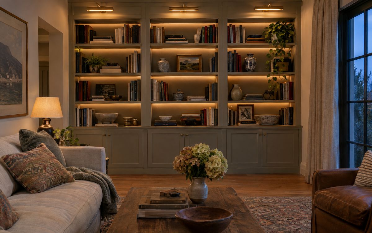 A built-in bookcase lit by brass picture lights and warm hidden LED strips at dusk, design concept