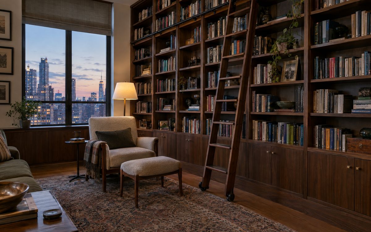 Floor-to-ceiling walnut bookcases with a rolling ladder and a reading chair in a Manhattan apartment, design concept