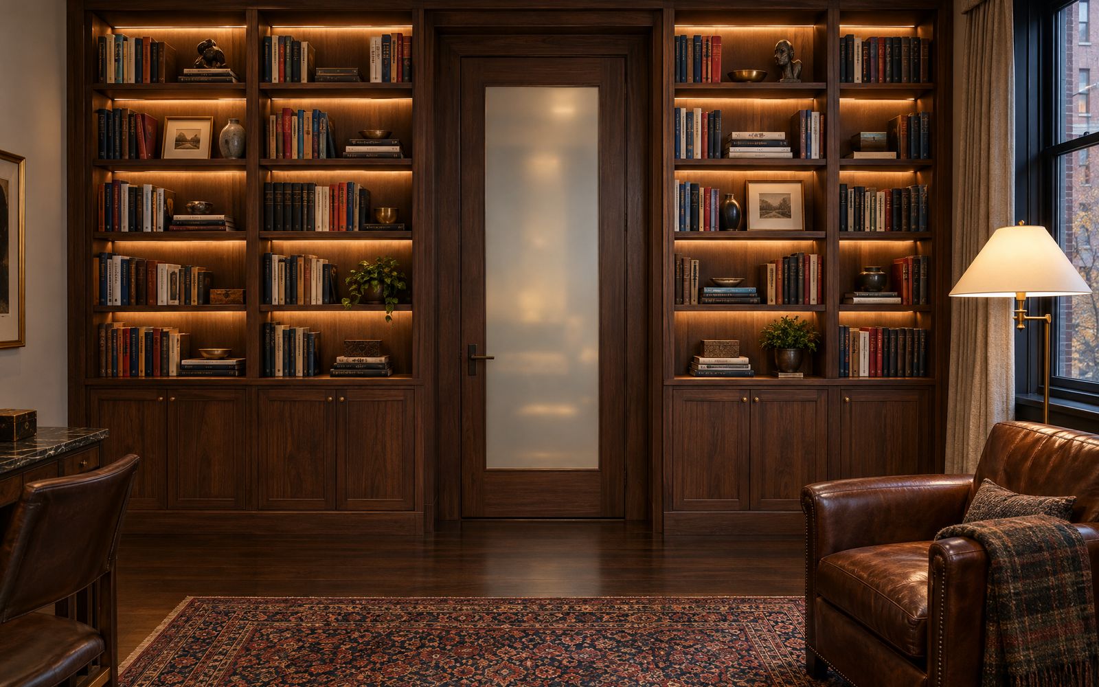 A library with glass doors and walnut shelving, design concept