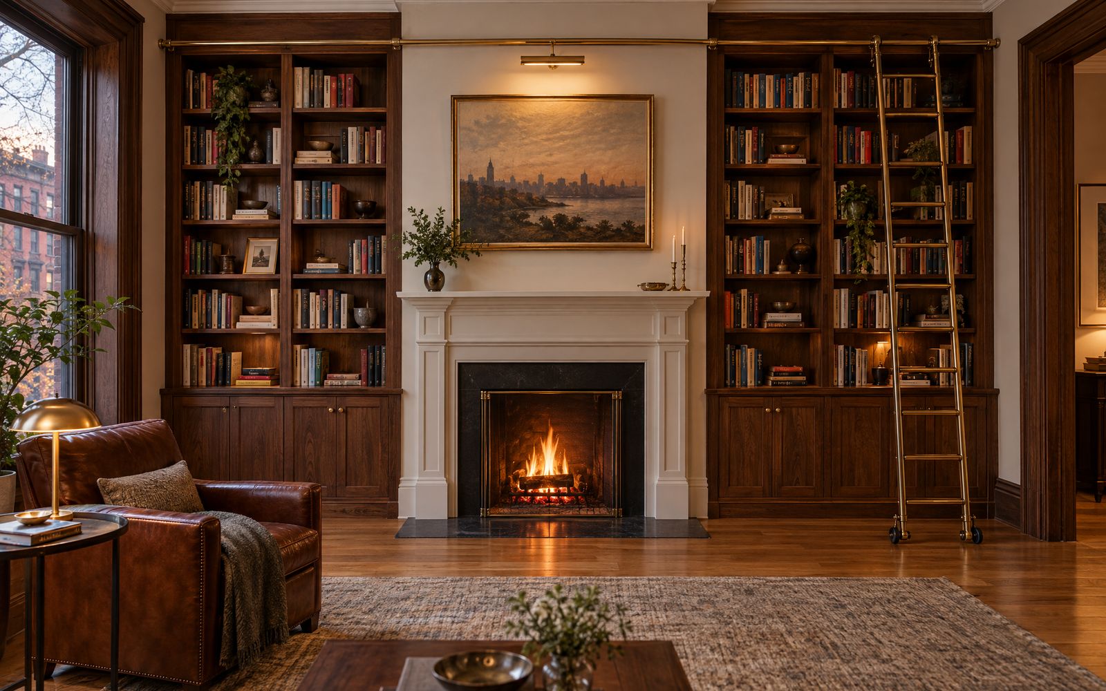 A walnut library wall with a rolling ladder, design concept