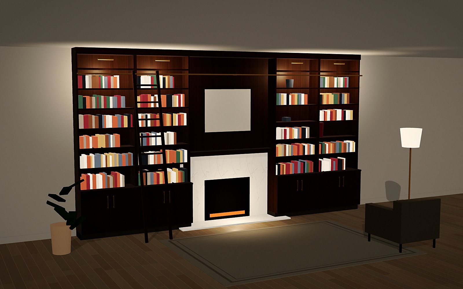 Walnut with a ladder: 3D rendering of a Library Worx design