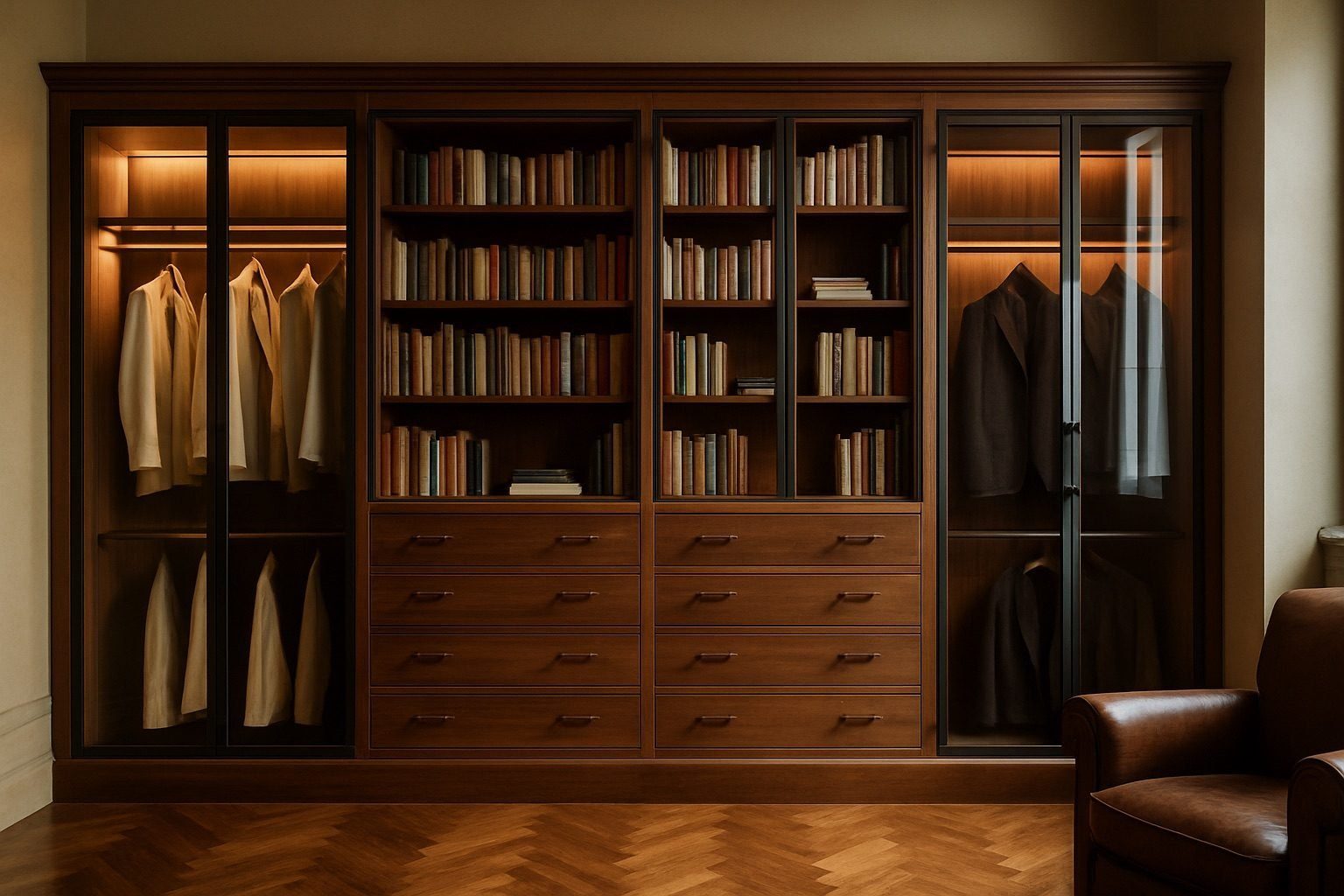 Built-in shelving with glass-front cabinets and drawers