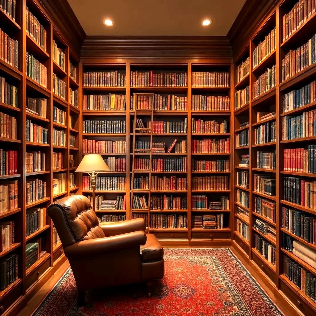 A wood-paneled library with full-height shelving and a reading chair